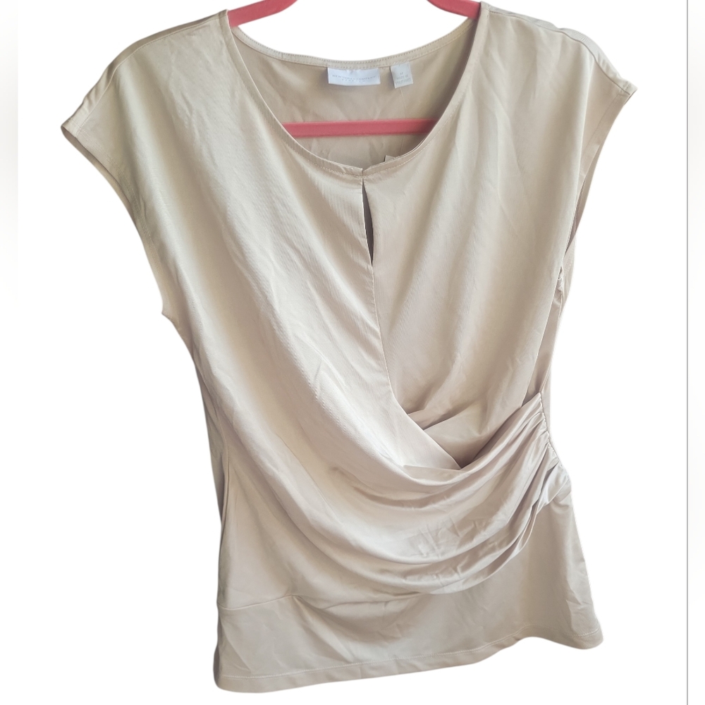 New York & Company Cap Sleeve Draped Front Top in Light Beige